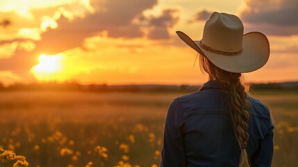 A woman enjoying a serene sunset in a field, wearing a cowboy hat and denim jacket in the countryside during early evening hours
