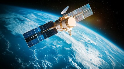 A detailed satellite orbits Earth, showcasing solar panels and advanced technology against a backdrop of the planet's curvature.