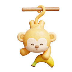 3D cute monkey with banana, cartoon animal character, 3D rendering.