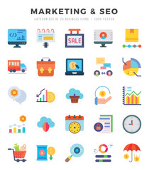 Marketing & Seo elements. Flat web icon set. Simple vector illustration.