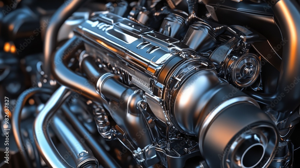 Poster a close-up view of a metallic engine component showcasing intricate detailing and polished surfaces,