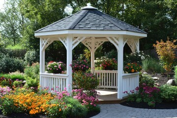 Fototapeta premium White wooden gazebo standing in beautiful garden surrounded by colorful flowers
