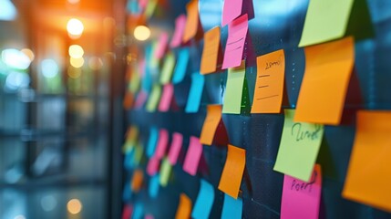 Sticky notes in multiple bright colors cover glass wall during brainstorming meeting in modern office. The natural light from the background illuminates the scene, creating a vibrant