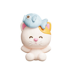 3D cute cat with fish, cartoon animal character, 3D rendering.
