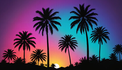 Obraz premium silhouettes of palm trees against a sunset background, done in a retro 80s style with hot pink, purple and blue tones