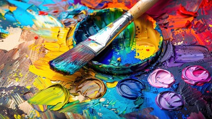 Obraz premium Colorful abstract paint splashes on canvas with brush in center, showcasing vibrant mixed colors like yellow, blue, green, purple. Texture, movement, creativity seen through expressive brush strokes.