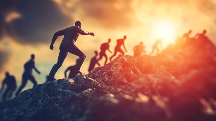 A group of silhouetted figures climbs a rocky landscape, illuminated by a dramatic sunset, conveying a sense of determination and adventure.