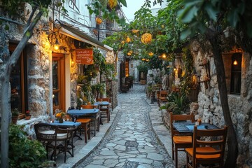 Fototapeta premium Charming narrow street with restaurants in a small european town at dusk