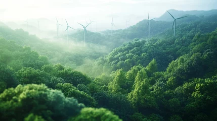 Lush green forests with wind turbines in the background, showcasing a serene, eco-friendly landscape under soft misty light.