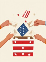 Hands Casting Votes: A vibrant illustration of hands casting votes into a ballot box, symbolizing civic duty, democracy, and the power of the people. The American flag design adds a patriotic touch.