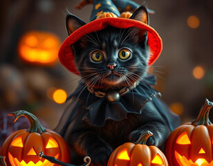 Cute kitten in a Halloween costume among pumpkins. Beautiful AI-generated image with warm Halloween colors.