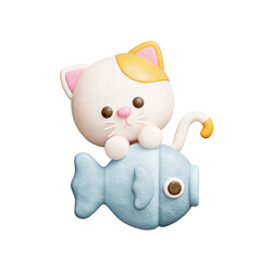 3D cute cat with fish, cartoon animal character, 3D rendering.