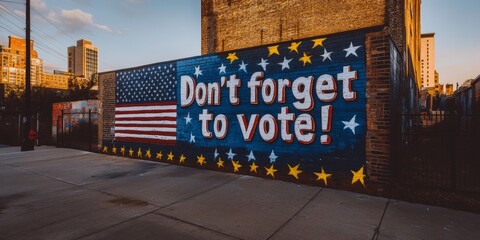 Vibrant Mural on a Brick Wall Promoting Voter Participation in an Urban Setting for Upcoming US Election