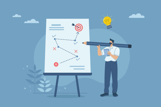 Businessman holding a big pencil planning strategy on a whiteboard, Business strategic planning towards success or goal, Competitor analysis and overcoming marketing obstacles, Business success.