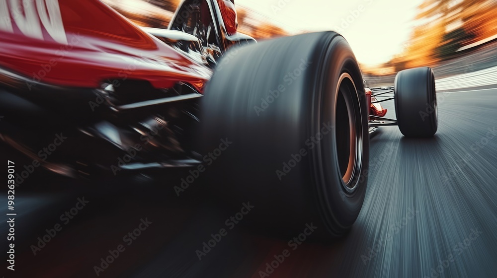 Poster a dynamic shot of a racing car tire on track, highlighting speed and motion with a blurred backgroun