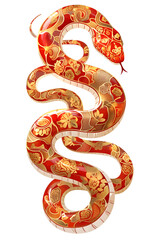 Obraz premium Simple red gold snake with floral ornament on skin in Chinese art style. Asian New Year 2025 isolated clipart