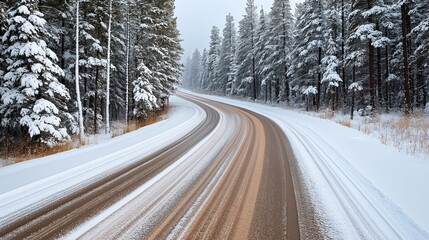 Obraz premium A winding road covered with a light layer of snow passes through a dense forest in winter. The evergreen trees are heavily laden with snow, creating a serene and picturesque scene.