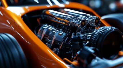 Fototapeta premium A close-up view of a vibrant orange car engine showcasing intricate details of metallic components and exhaust pipes.