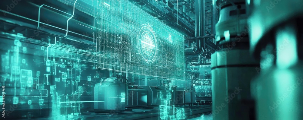 Poster futuristic digital interface with glowing elements and data streams, ideal for technology, science, 