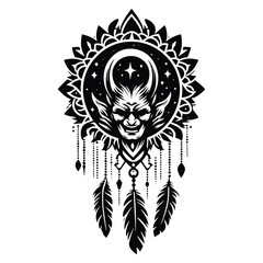 Obraz premium Devil with bohemian decoration in black and white illustrations, cutout graphic h