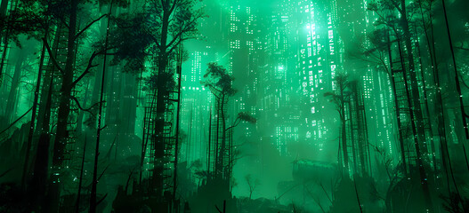 eco-friendly future city with big tree-lined environment with green neon light atmosphere. Sustainable green building. Eco-friendly building. greencity banner