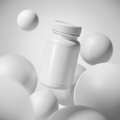 Vitamin bottle with flying bubbles mockup. 3D rendering