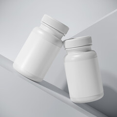 Two supplement bottles on inclined surface mockup. 3D rendering