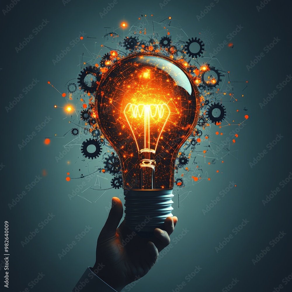 Poster igniting innovation: a hand holds a glowing lightbulb, bursting with gears and energy, symbolizing t