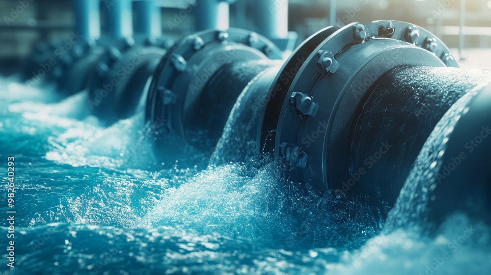 Poster a close-up view of a pipe system, with flowing water creating ripples and splashes, showcasing indus