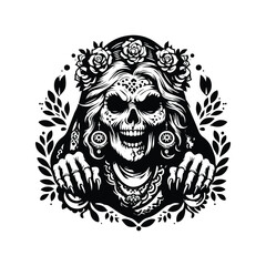Fototapeta premium evil granny horror with bohemian decoration decoration in black and white illustrations, cutout graphic