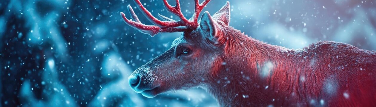 A majestic deer with vibrant antlers stands gracefully in a snowy landscape, surrounded by a magical winter atmosphere.