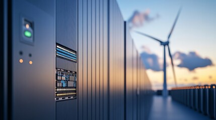 A close-up of data storage equipment beside a wind turbine at sunset, highlighting renewable energy and technology integration.