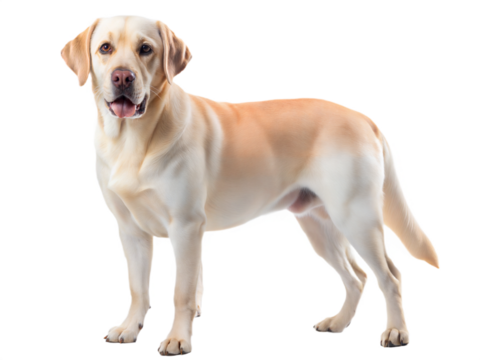  Golden Retriever standing and looking at camera, isolated on white background