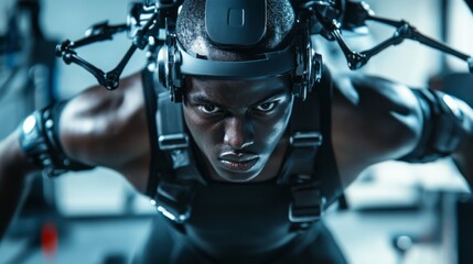 A focused individual equipped with a high-tech motion capture suit, demonstrating advanced technology in a futuristic environment.