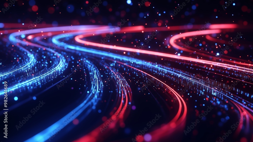 Poster dynamic abstract lines with glowing red and blue lights against a dark background creating a vibrant