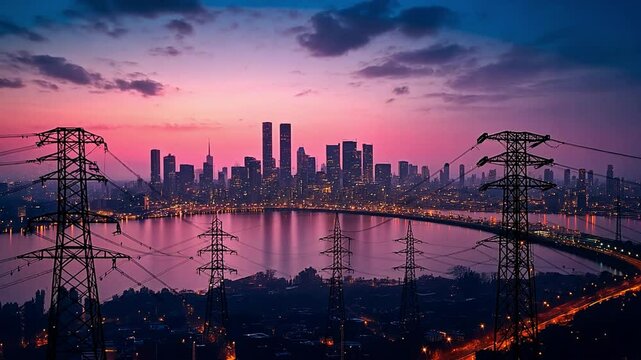 Colorful sunset over a city skyline with power lines and river reflections