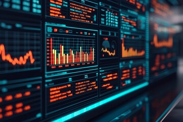 Dynamic display of financial data with vibrant graphs and charts showcasing market trends and analytics in a digital interface.