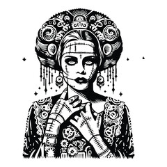 Fototapeta premium frankenstain female with bohemian decoration decoration in black and white illustrations, cutout graphic