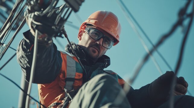 A worker in safety gear climbs a utility pole, focusing on maintenance tasks under a clear blue sky.