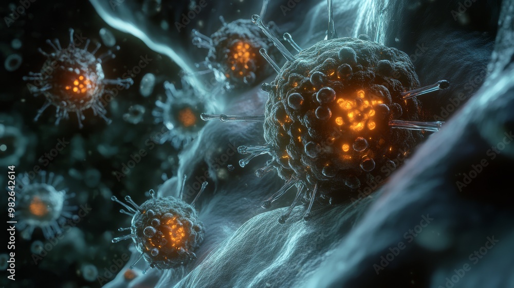 Poster a close-up view of glowing, intricate cells, showcasing their detailed structure in a dynamic micros