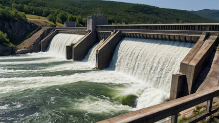 Hydroelectric dam with rushing water and electric turbines turning with the force of the flowing river water , generating clean energy for ecology and zero carbon targets