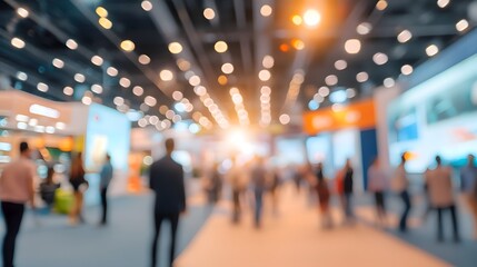 Commerce exhibition featuring product booths and promotional videos, indoor hall with bokeh lights and defocused crowd, illustration