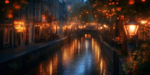 Nighttime canal scene with glowing lights reflecting on water.