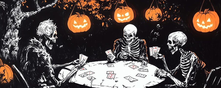 Three skeletons playing cards under jack-o'-lanterns in a spooky Halloween scene. Animation drawing art with dark night atmosphere.