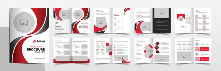 16-page brochure design with red color accents, corporate business brochure template layout design,  simple and clean company profile brochure template design