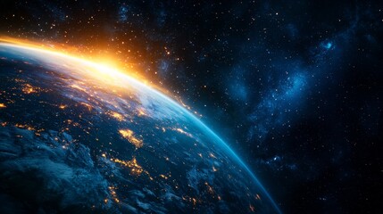 Obraz premium Celestial visualization of Earth resonating with cosmic frequencies, galactic harmony.