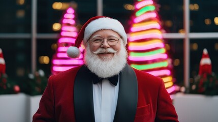 A man in a red suit and a santa hat is smiling