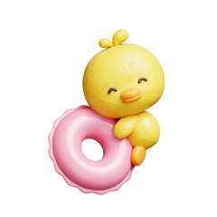 3D cute duck with rubber swimming rings, cartoon animal character, 3D rendering.