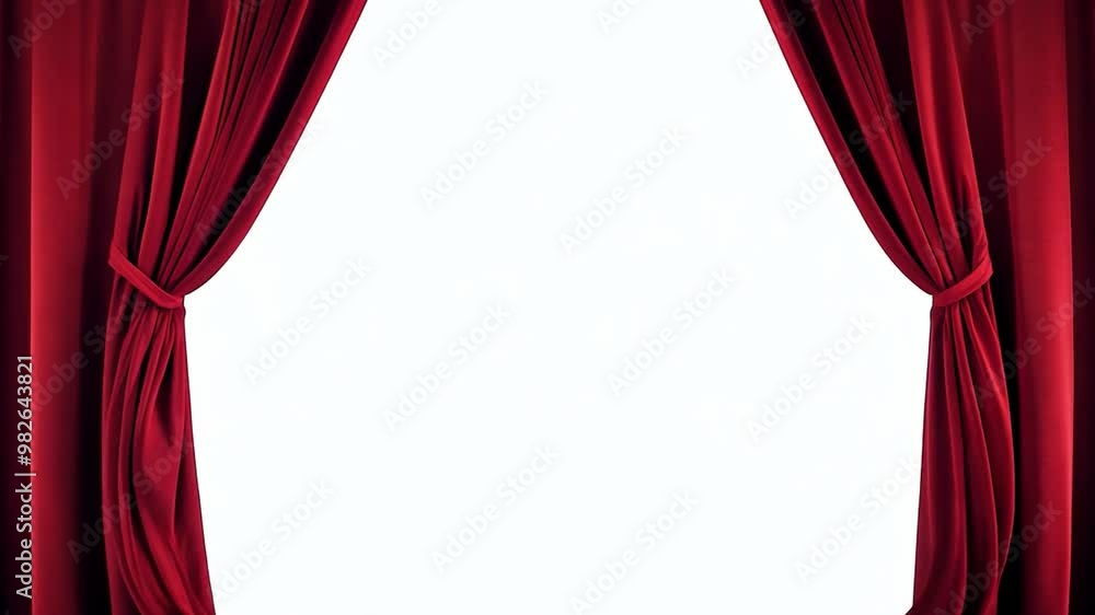 Poster red velvet curtains are drawn back to unveil a stage illuminated with soft lighting, indicating an u