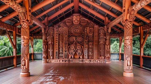 Elaborate and Ornate Wooden Carving Decorating the Interior of an Indonesian Temple